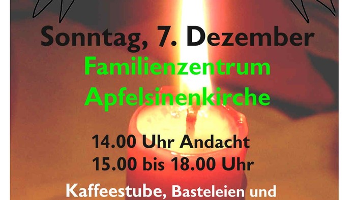 eine brennende Kerze und die Einladung zu Vorfreude im Advent am 7.12.2025 um 14.00 Uhr