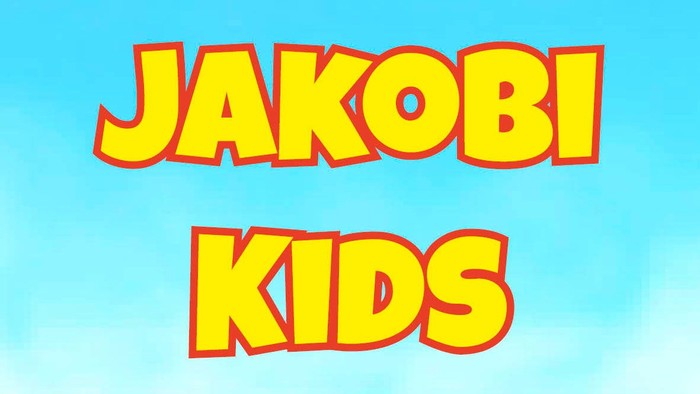 Das Bild zeigt den Text "Jakobi Kids" in leuchtenden Farben vor blauem Hintergrund.