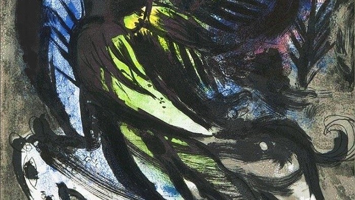 Abstraktes Gemälde in Schwarz, Blau, Grün und Gelb, das ein Pferd mit Reiter darstellt.