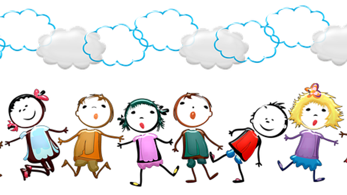 Eine Gruppe bunter, stilisierter Kinderfiguren steht vor einer Reihe von Wolken.