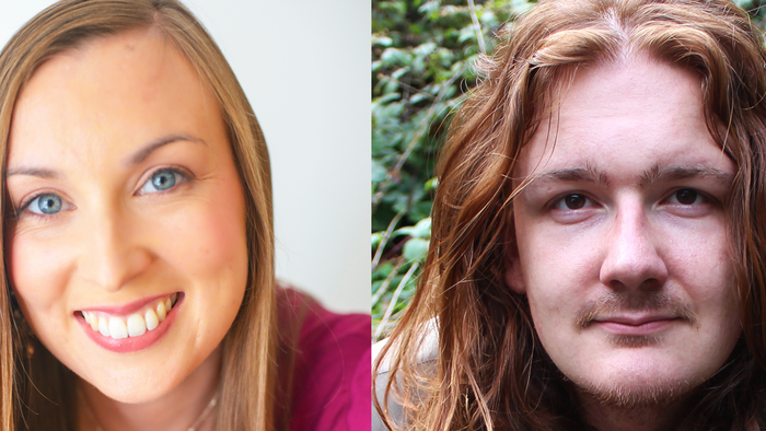 Two individuals, one smiling woman with blonde hair and a man with long red hair, posing for portraits.