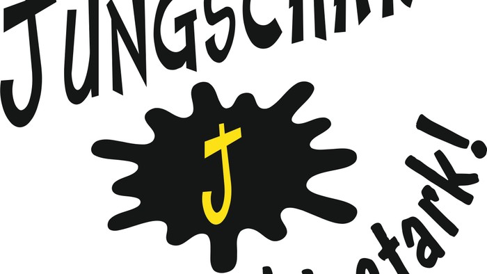 Das Bild zeigt den Spruch "Jungschar, echt stark!" mit einem Farbklecks und einem "J".