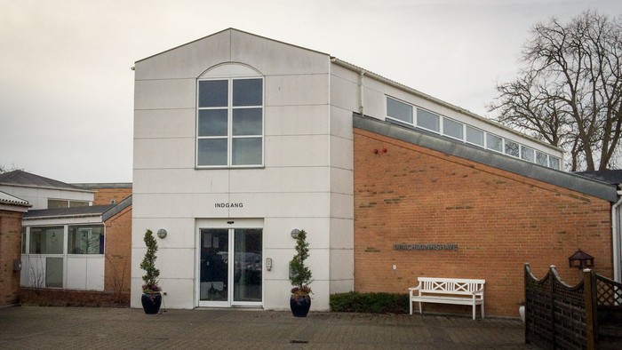 Et moderne hus med store vinduer og en indgang med to topplanter.