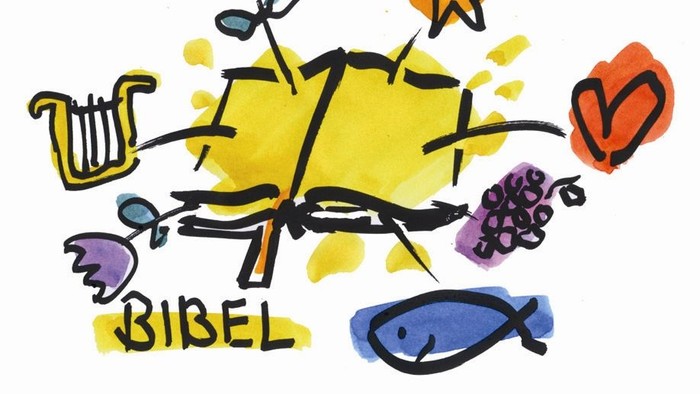 Ein buntes, kindliches Bild mit den Worten "BIBEL" und verschiedenen Symbolen wie einer Harfe, Blumen, Stern, Fisch und Trauben.