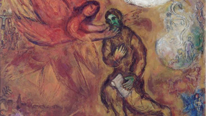 Das Bild zeigt eine abstrakte Darstellung einer Figur in dynamischer Pose vor einem farbenfrohen Hintergrund.