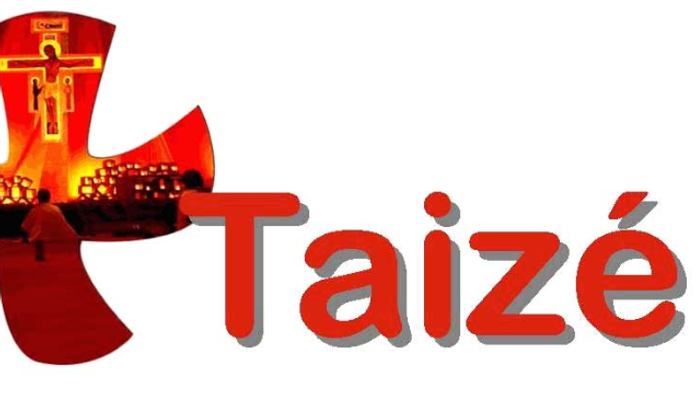Red cross symbol with yellow center and word Taizé in red font