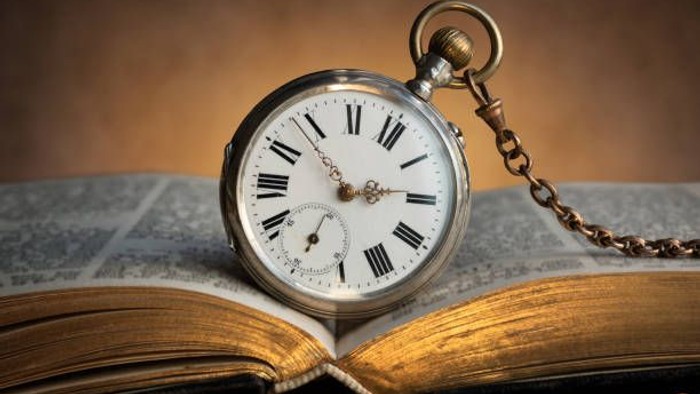 En oldtidsaktig håndurbog og en hængelokk med gyldne kæde.