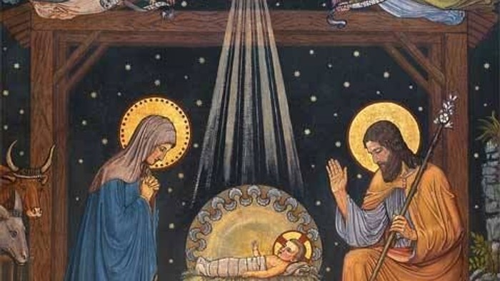 Billedet forestiller en julehimmel med Jesus' fødsel.