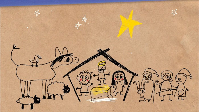 En skitseret julehistorie med stjerner og en stjerne over en hest og en mands figur.
