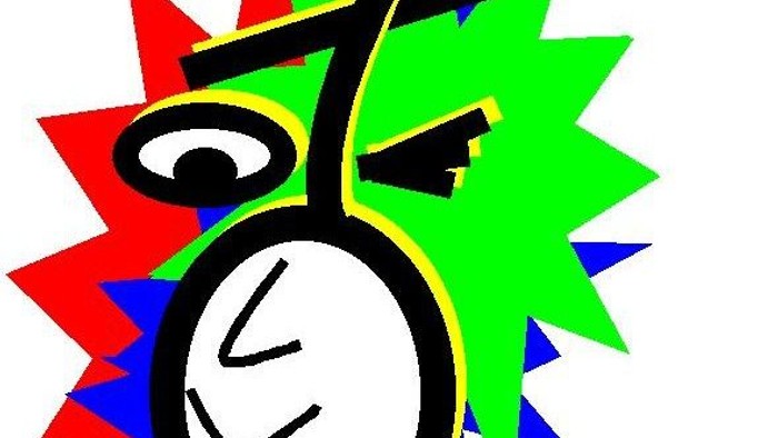 Bunter Logo mit Uhr und Text für "Crazy Company" und "Ev. Jugend Milspe".