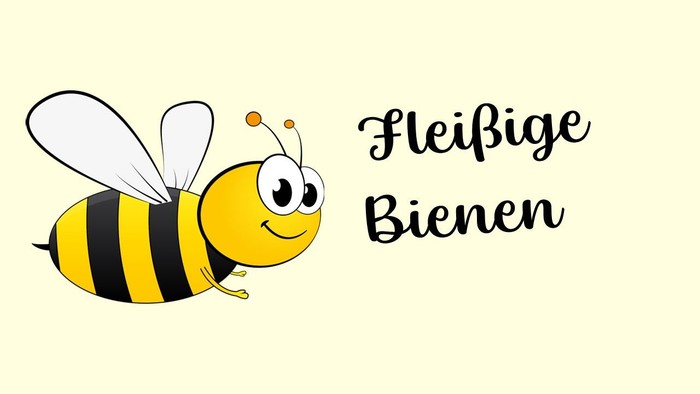 Ein fröhlicher Biene mit dem Text "Fleißige Bienen"