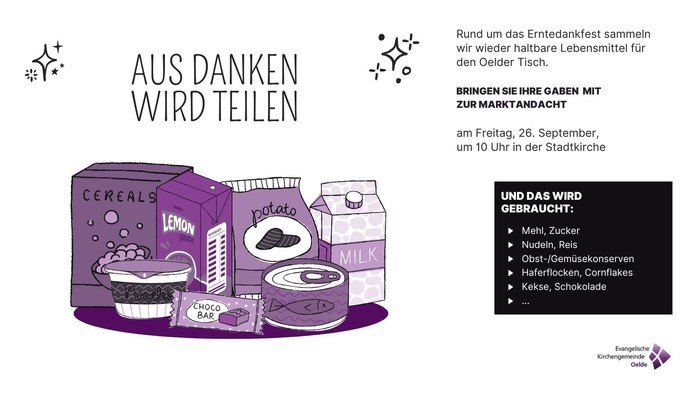 Das Bild zeigt eine Spendenaktion für Lebensmittel mit einer Liste der benötigten Artikel.