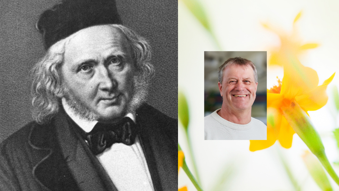 Billedet viser en gammel mand i formelt tøj, en lille billede af en mand og blomster.