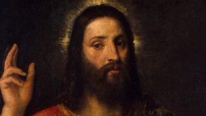 Billedet viser en portrætmaleri af en mand med lang skæg og hånd op.