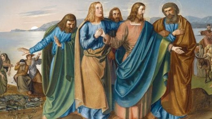 Billedet forestiller et religiøst sceneri med Jesus og hans disciples.