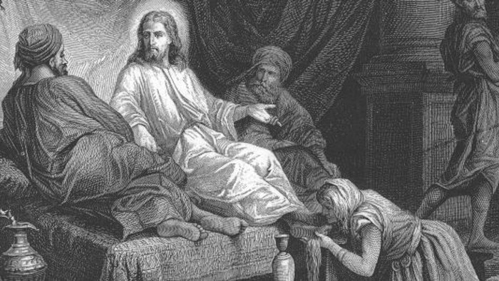 Billedet forestiller en religiøs scene med Jesus og flere personer.