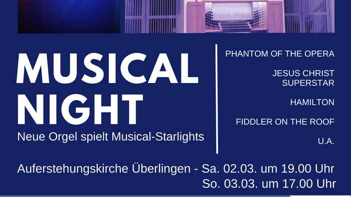 Das Plakat wirbt für ein Musical-Event mit verschiedenen Stücken und Künstlern.