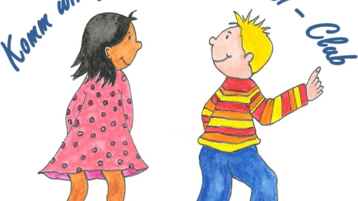 Zwei Kinder stehen und unterhalten sich in Zeichentrickform