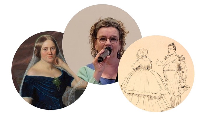 Billedet viser en kunstner, en portrætmaleri og en skitse af to kvinder.