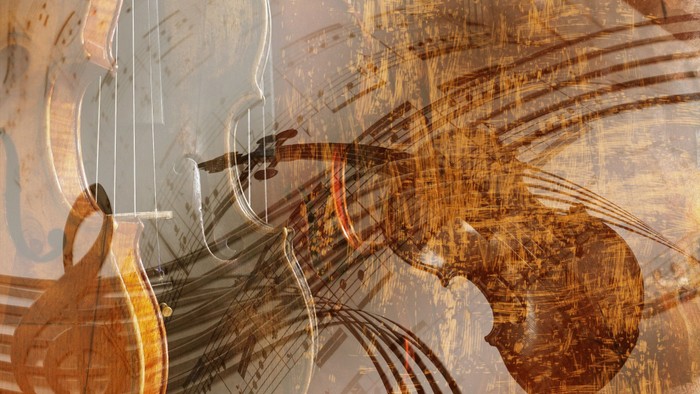 Billedet viser en violin med noter og musikalske symboler.