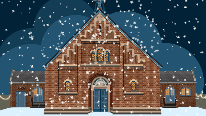 En smuk kirke i snefaldende landskab