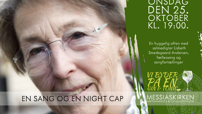 En gammel dame med briller og en nattcap på et eventplakat