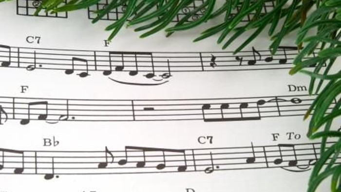 En gren af en nåletræ på musiknoter