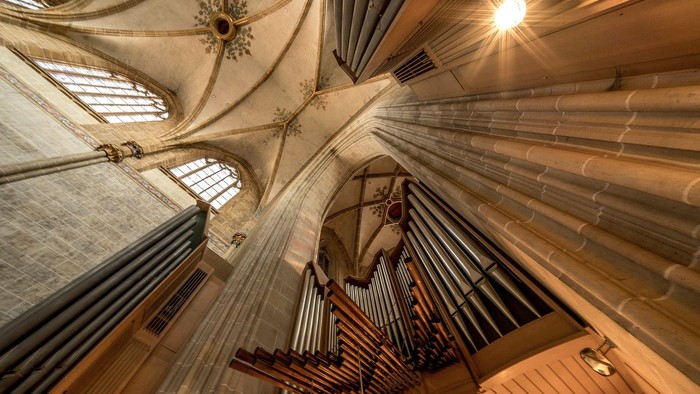 Innenraum einer Kirche mit hohem Gewölbe und Orgelpfeifen.