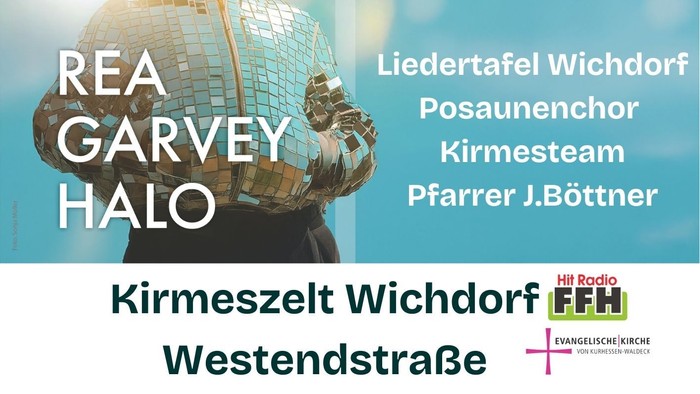 Plakat für eine religiöse Veranstaltung am 31. August mit Rea Garvey und Halo – mit Details und Veranstaltungsort.