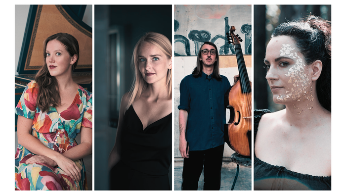 Billedet viser fire personer i forskellige optrædener: en kvinde ved piano, en kvinde i sort top, en mand med cello og en kvinde med malet ansigt.