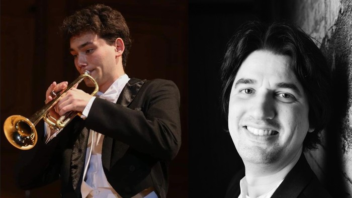 Ein Mann spielt Trompete, daneben ein Porträtfoto desselben Mannes