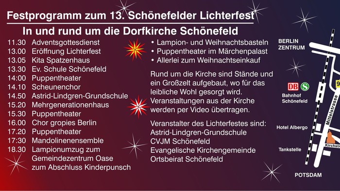 Festprogramm für den 13. Schönfielder Lichterfest mit Uhrzeiten und Veranstaltungen, Karte von Berlin und Umgebung