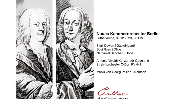 Porträtzeichnungen und Konzertankündigung des Neuen Kammerorchesters Berlin