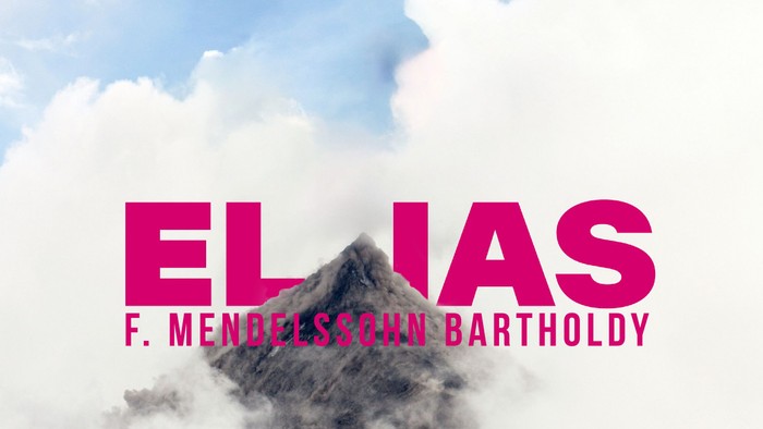 Werbetitel für Mendelssohn Bartholdys Orchesterwerk „Elias“ mit einer bewölkten Bergsilhouette.