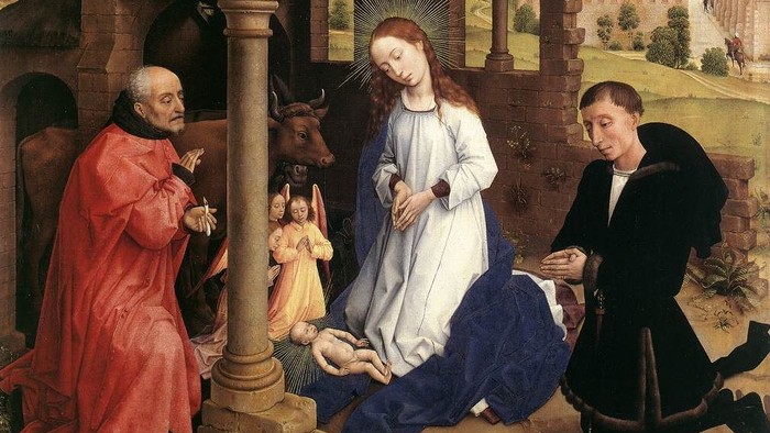 Billedet viser en religiøs scene med tre personer og et barn i en stald.