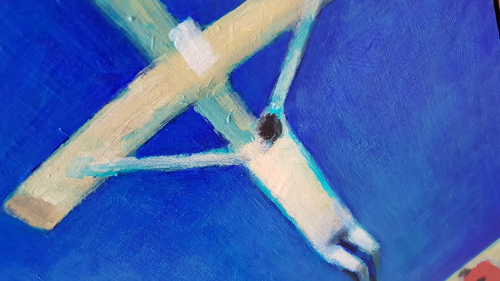 Et maleri af en blå himmel med en stokkende fugl.