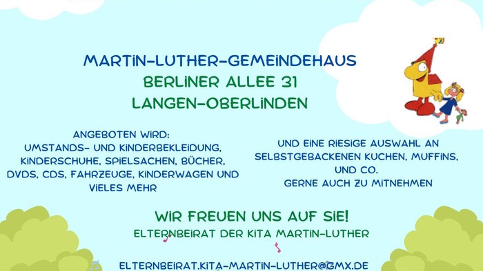Einladung zur großen Vorsortierung "Rund-um's Kind-Basar" am 25. Februar 2023 in der Martin-Luther-Gemeindehaus Berlin.