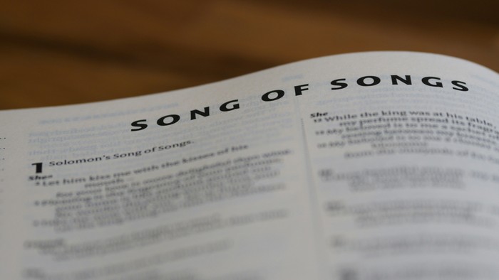 Ein aufgeschlagenes Buch mit dem Titel "Lied der Lieder"