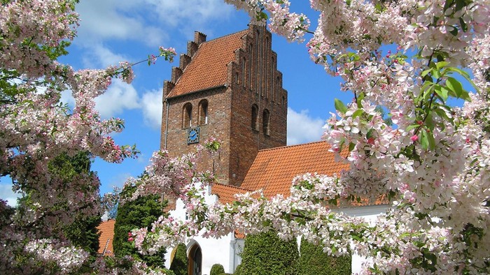 En kirke med tårn og røde tag, omgivet af blomstrende træer og buske