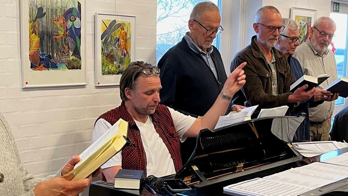 Mændene synger og spiller musik i en lokal.