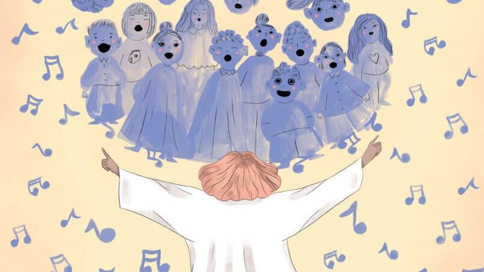 En mand med et kor af bjørnefigurer på hovedet, omgivet af musikalske noter