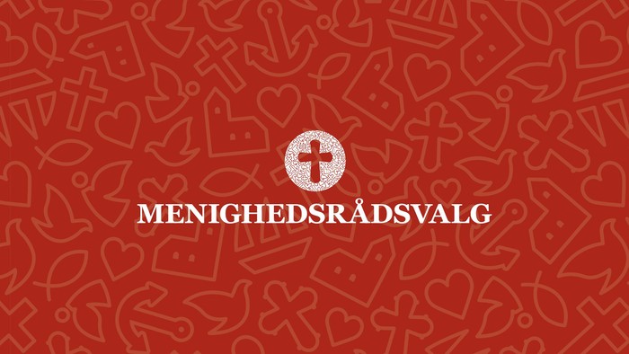 Rød baggrund med hjerter og kors, og teksten "MENIGHEDSRÅDSVALG"