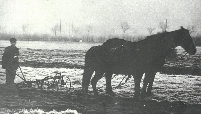 Ein Mann pflügt mit zwei Pferden ein Feld.