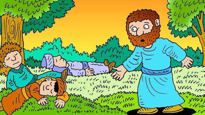 Ein bärtiger Mann hilft zwei Jungen im Wald.