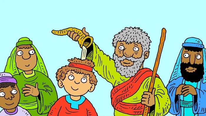 Eine Gruppe von biblischen Figuren, eine hält eine Karotte.