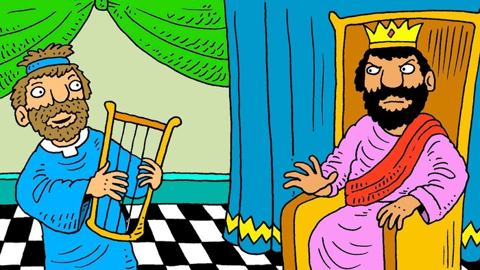 Ein Mann spielt Harfe vor einem König auf einem Thron.