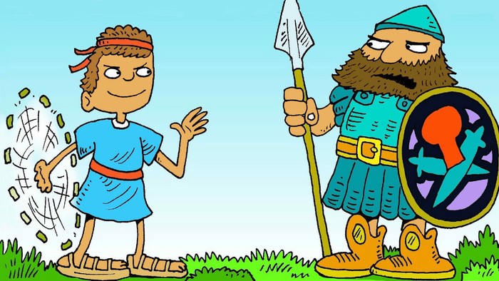 Ein Junge in blauer Kleidung hält eine Münze, während ein bärtiger Krieger mit Schild und Speer daneben steht.