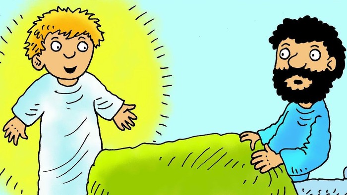 Zwei Männer stehen auf einem Hügel, einer mit Sonnenstrahlen, der andere mit Bart.