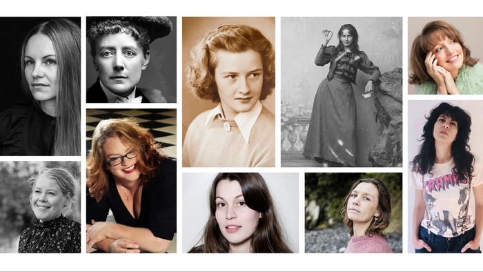 Billedet viser en række svart-hvide og farvede portrætter af forskellige kvinder.