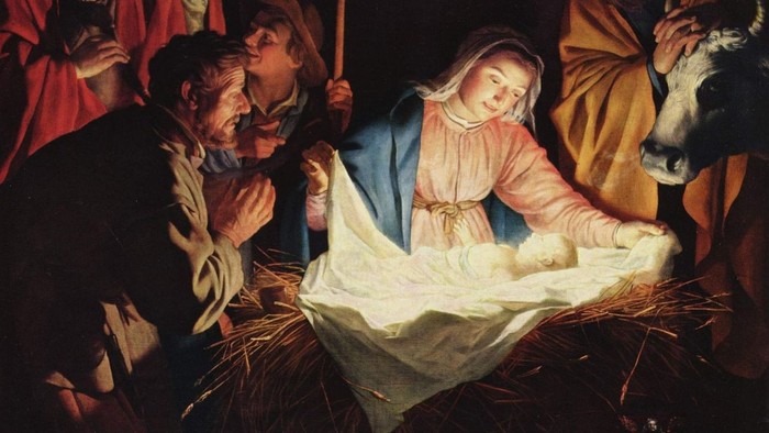 En maleri af Jesus' fødsel med Maria, Josef og tre vise mænd.